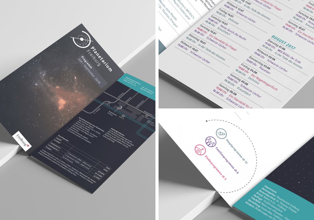 Der Programmflyer des Planetariums Freiburg: übersichtlich, kompakt und handlich informiert er die Besucher.