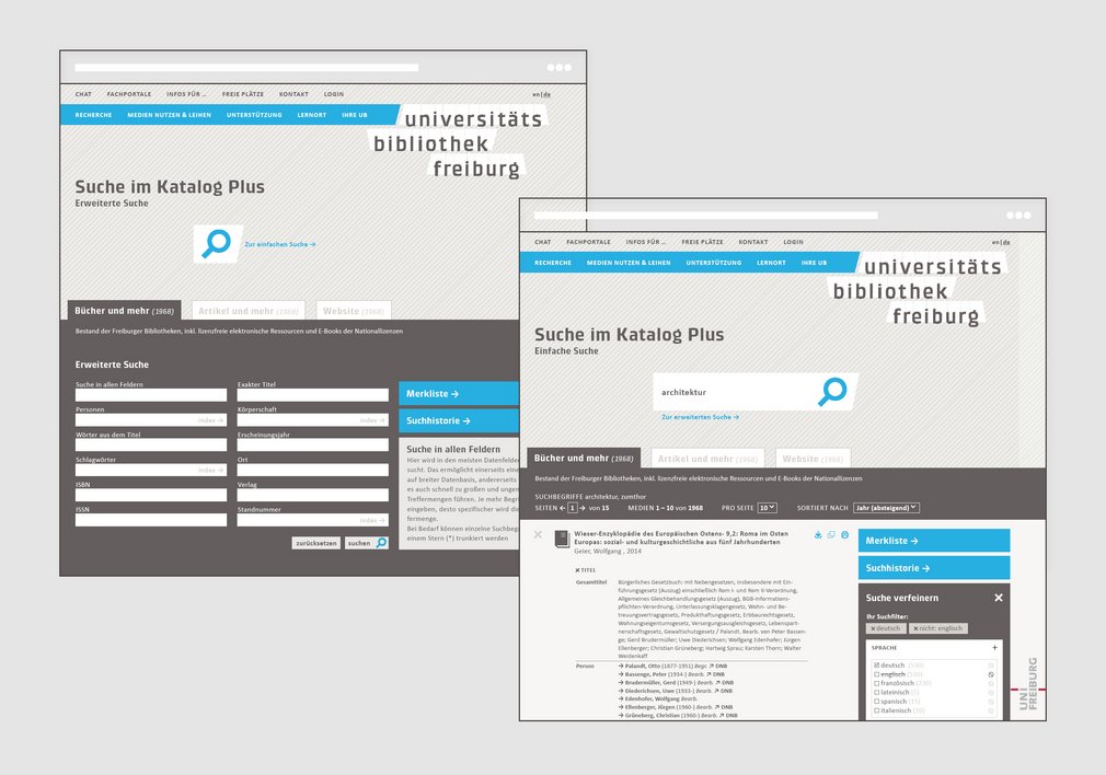 Der Katalog der Universitätsbibliothek Freiburg, als übersichtliche Arbeitsplattform neu gestaltet. UX und UI sind im Vergleich zur Vorgängerversion deutlich optimiert.