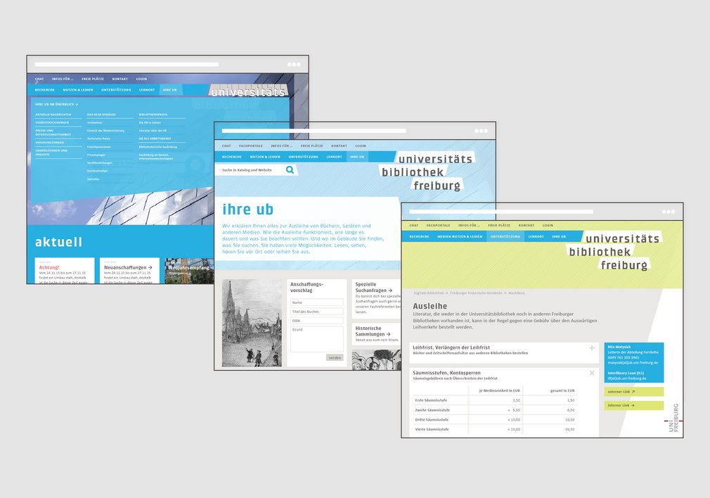 Website der Unibibliothek, verschiedene Screens.