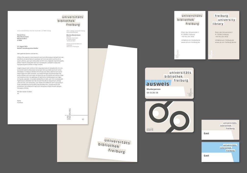 Geschäftsausstattung (Stationary) der Universitätsbibliothek Freiburg.