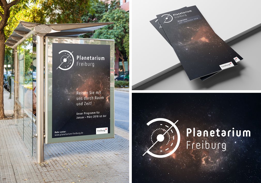 Plakat und Programmflyer. Das Logo und die Bildsprache identifizieren das Planetarium visuell.