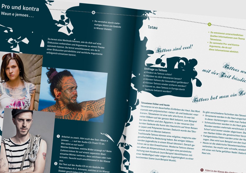 Die Sprachstarken: Doppelseite zur Argumentationstechnik, hier am Beispiel von Tatoos als Sprechanlass.